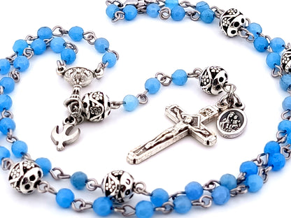 First Holy communion unique rosary beads gemstone wearable miniature rosary bead necklace with Holy Spirit and Brown Scapular medal.