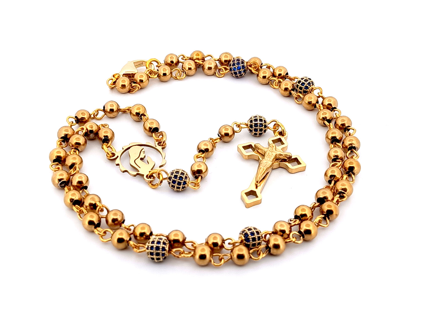 Virgin Mary gold plated unique rosary beads stainless steel and crystal miniature wearable rosary bead necklace with Saint Benedict Crucifix.
