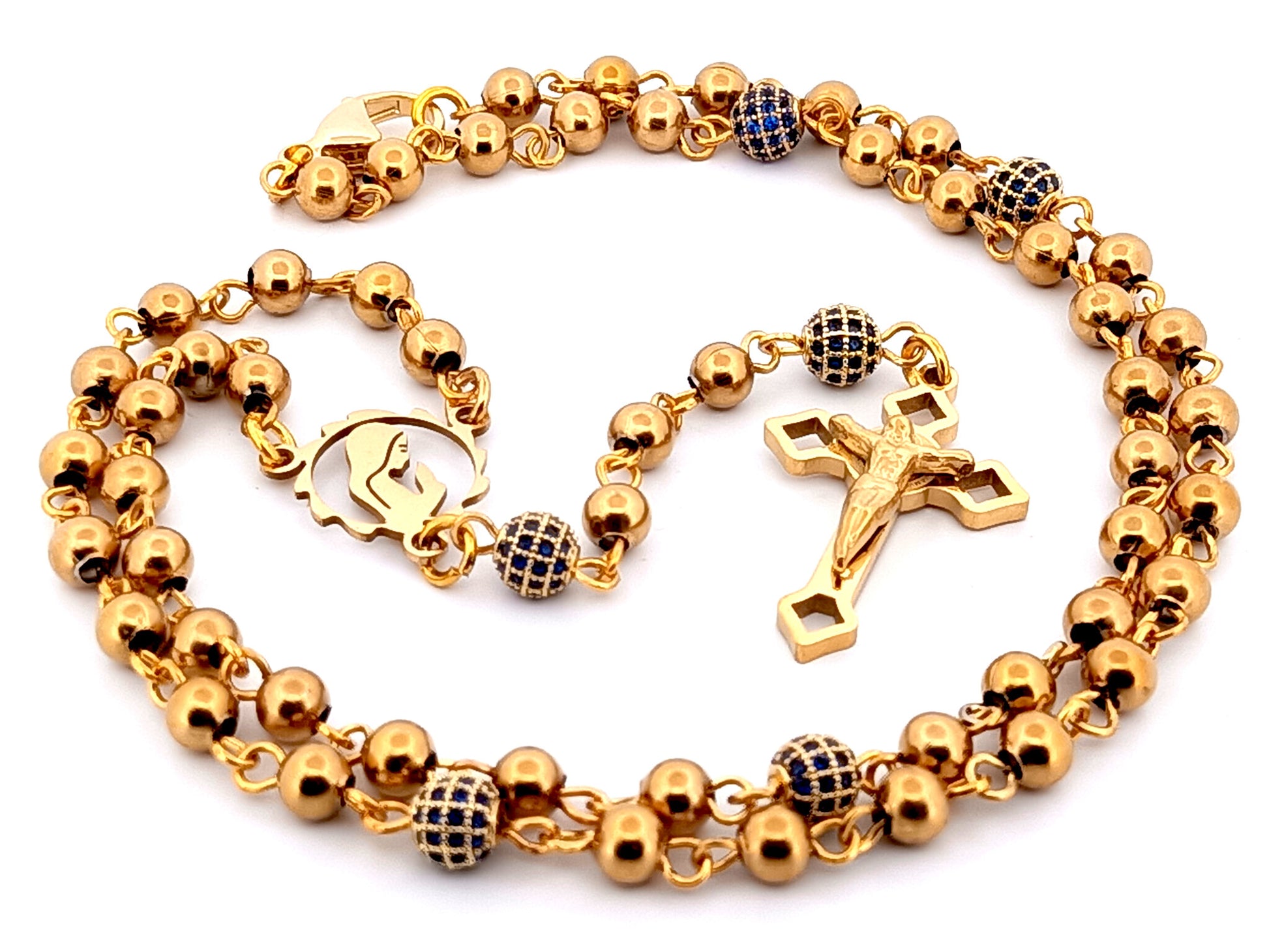 Virgin Mary gold plated unique rosary beads stainless steel and crystal miniature wearable rosary bead necklace with Saint Benedict Crucifix.