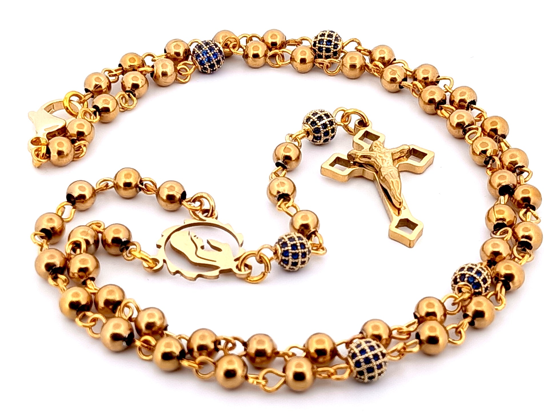 Virgin Mary gold plated unique rosary beads stainless steel and crystal miniature wearable rosary bead necklace with Saint Benedict Crucifix.