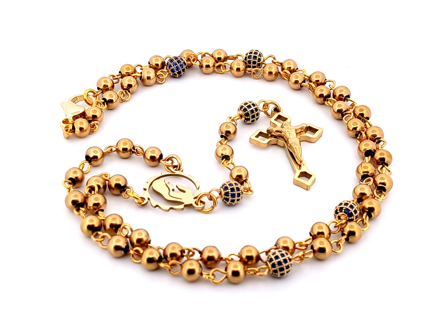 Virgin Mary gold plated unique rosary beads stainless steel and crystal miniature wearable rosary bead necklace with Saint Benedict Crucifix.