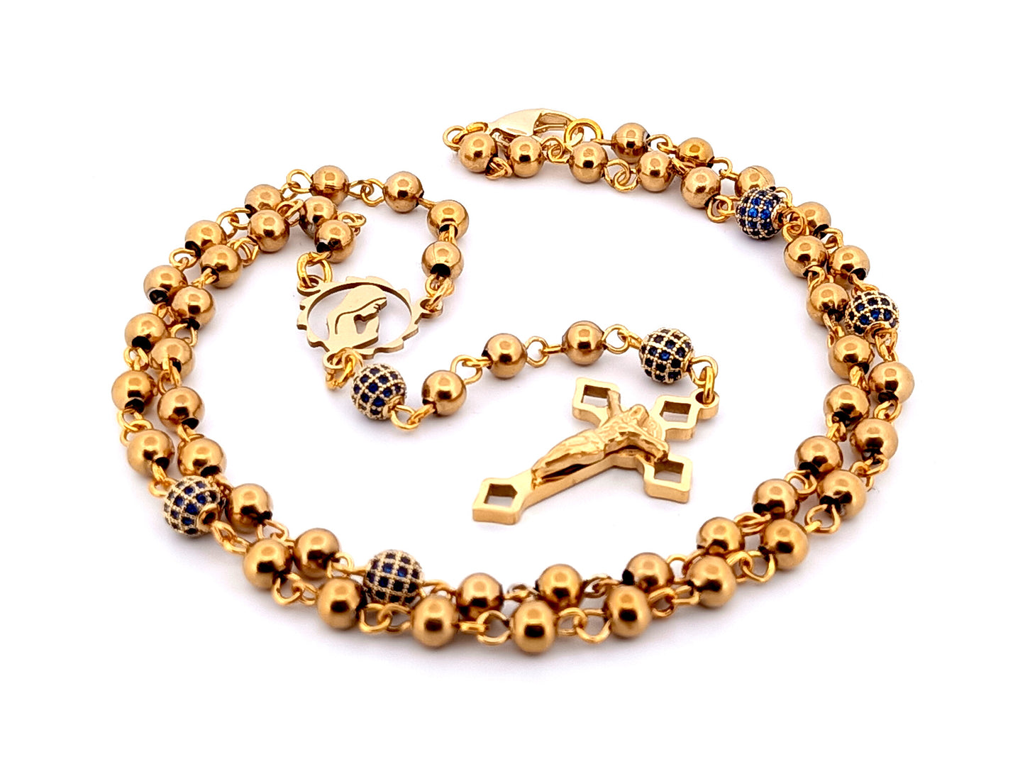 Virgin Mary gold plated unique rosary beads stainless steel and crystal miniature wearable rosary bead necklace with Saint Benedict Crucifix.