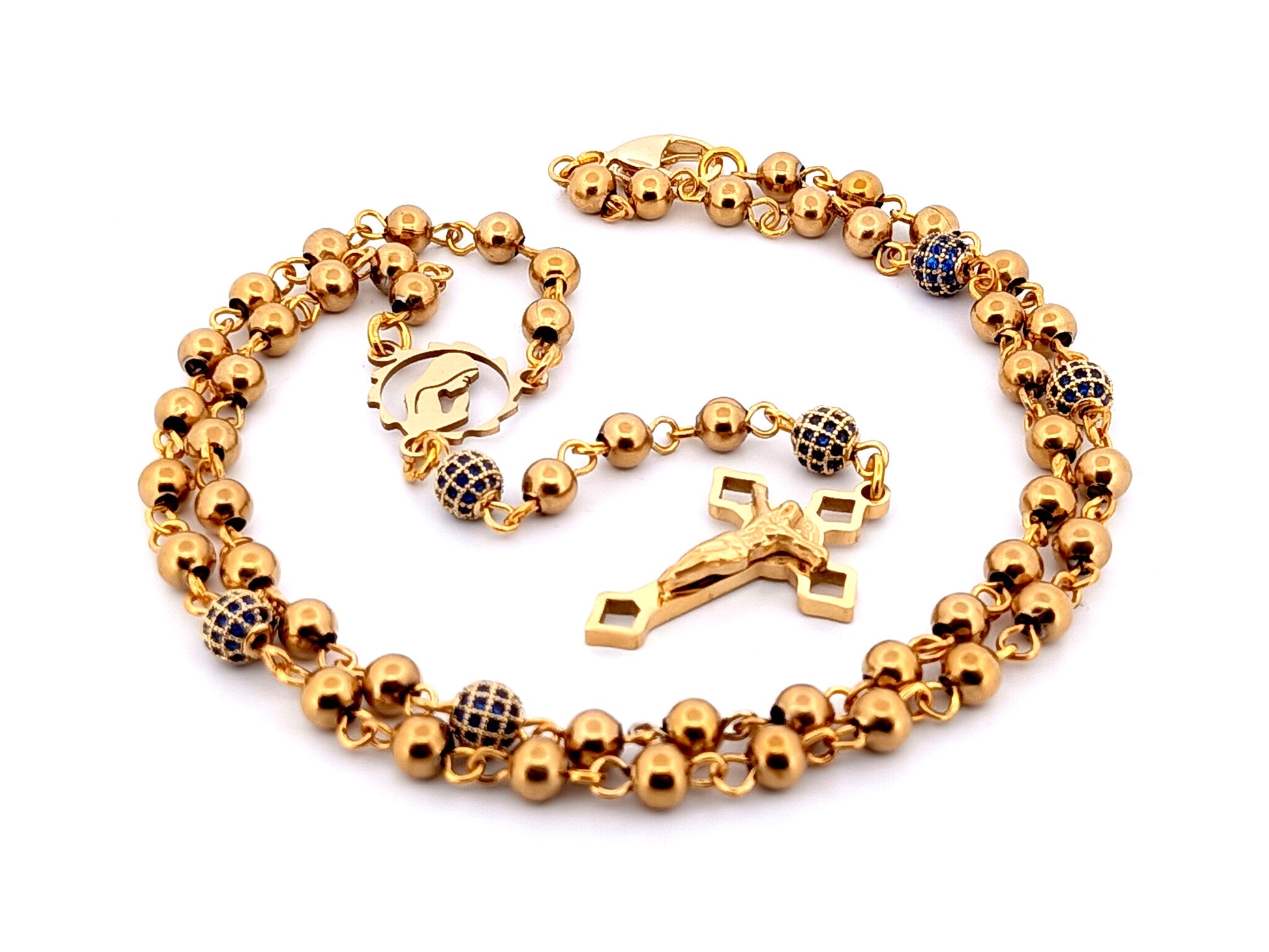 Virgin Mary gold plated unique rosary beads stainless steel and crystal miniature wearable rosary bead necklace with Saint Benedict Crucifix.