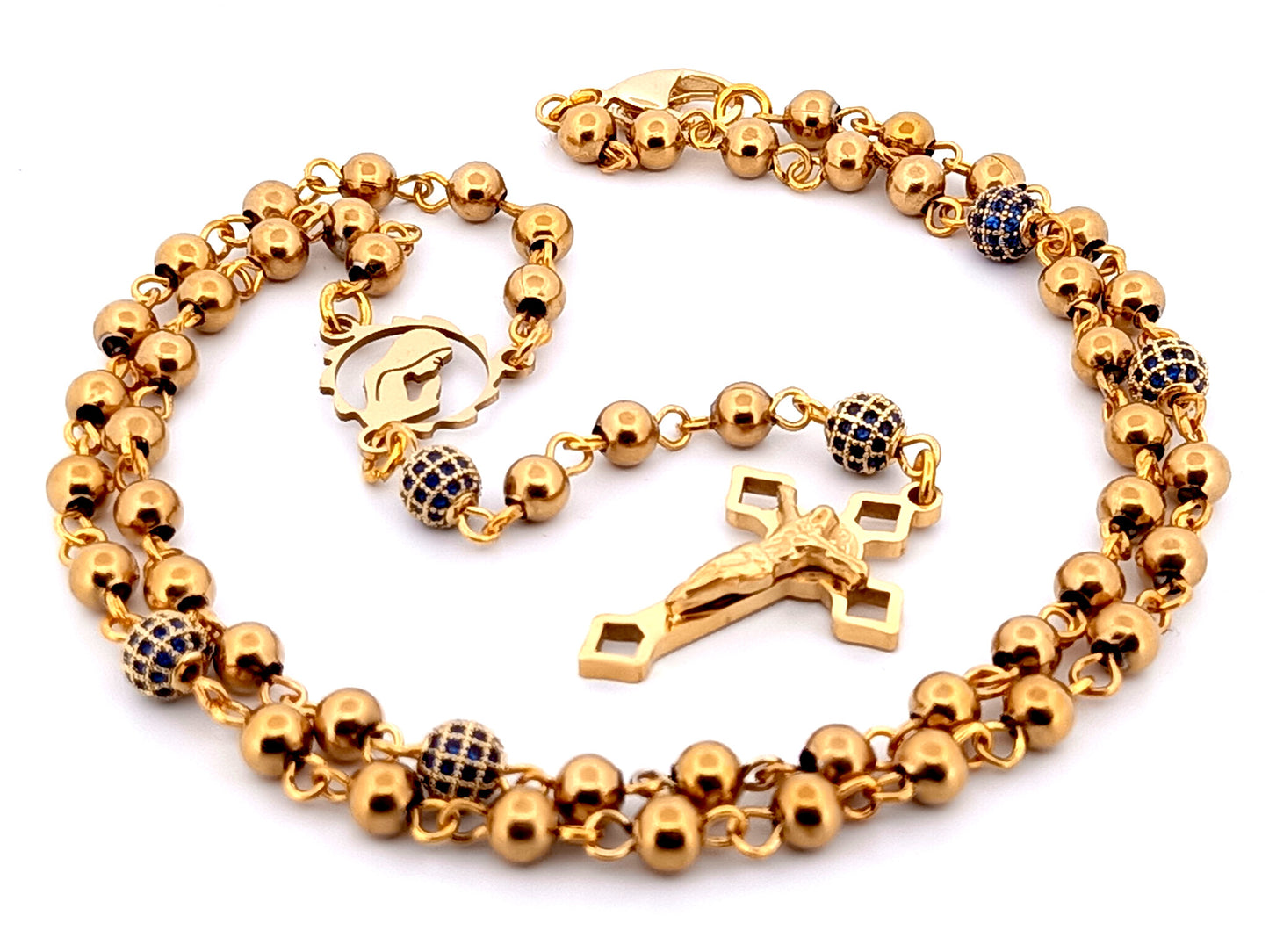 Virgin Mary gold plated unique rosary beads stainless steel and crystal miniature wearable rosary bead necklace with Saint Benedict Crucifix.