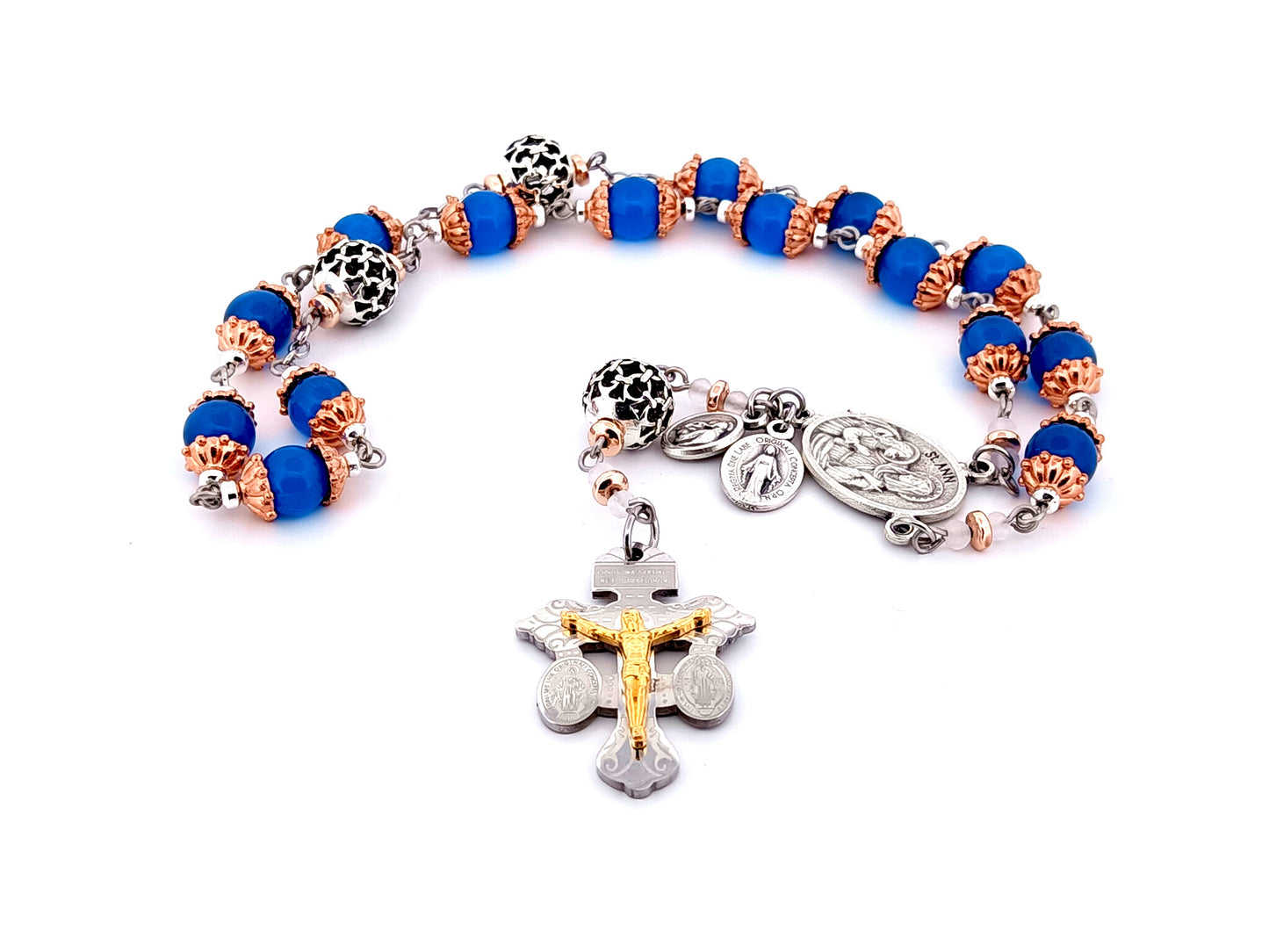 Saint Ann unique rosary beads glass prayer chaplet with stainless steel double sided pardon crucifix and lattice prayer beads.