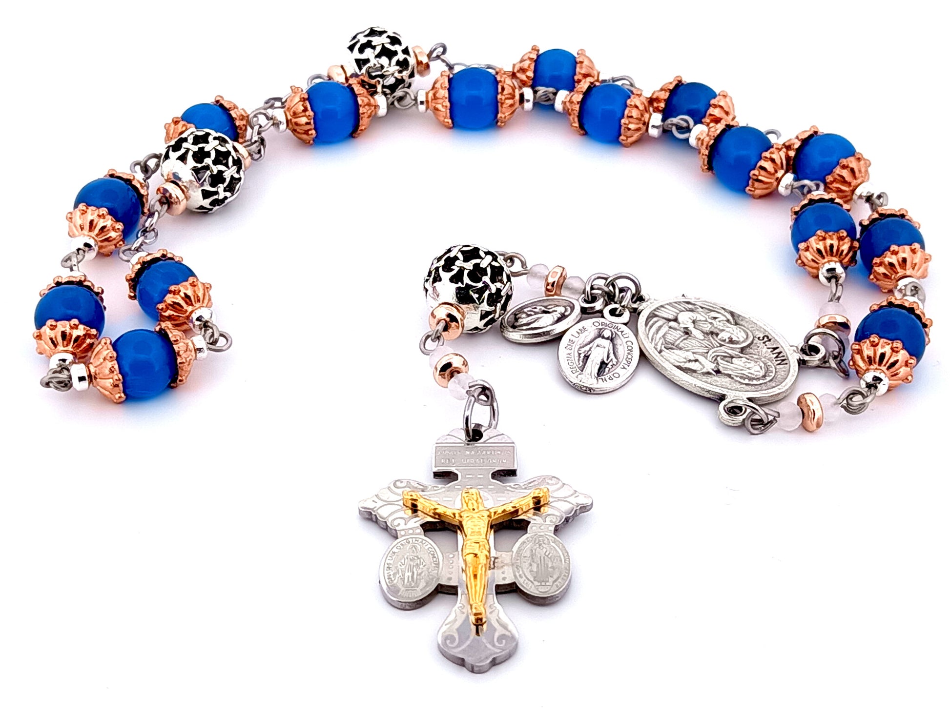 Saint Ann unique rosary beads glass prayer chaplet with stainless steel double sided pardon crucifix and lattice prayer beads.