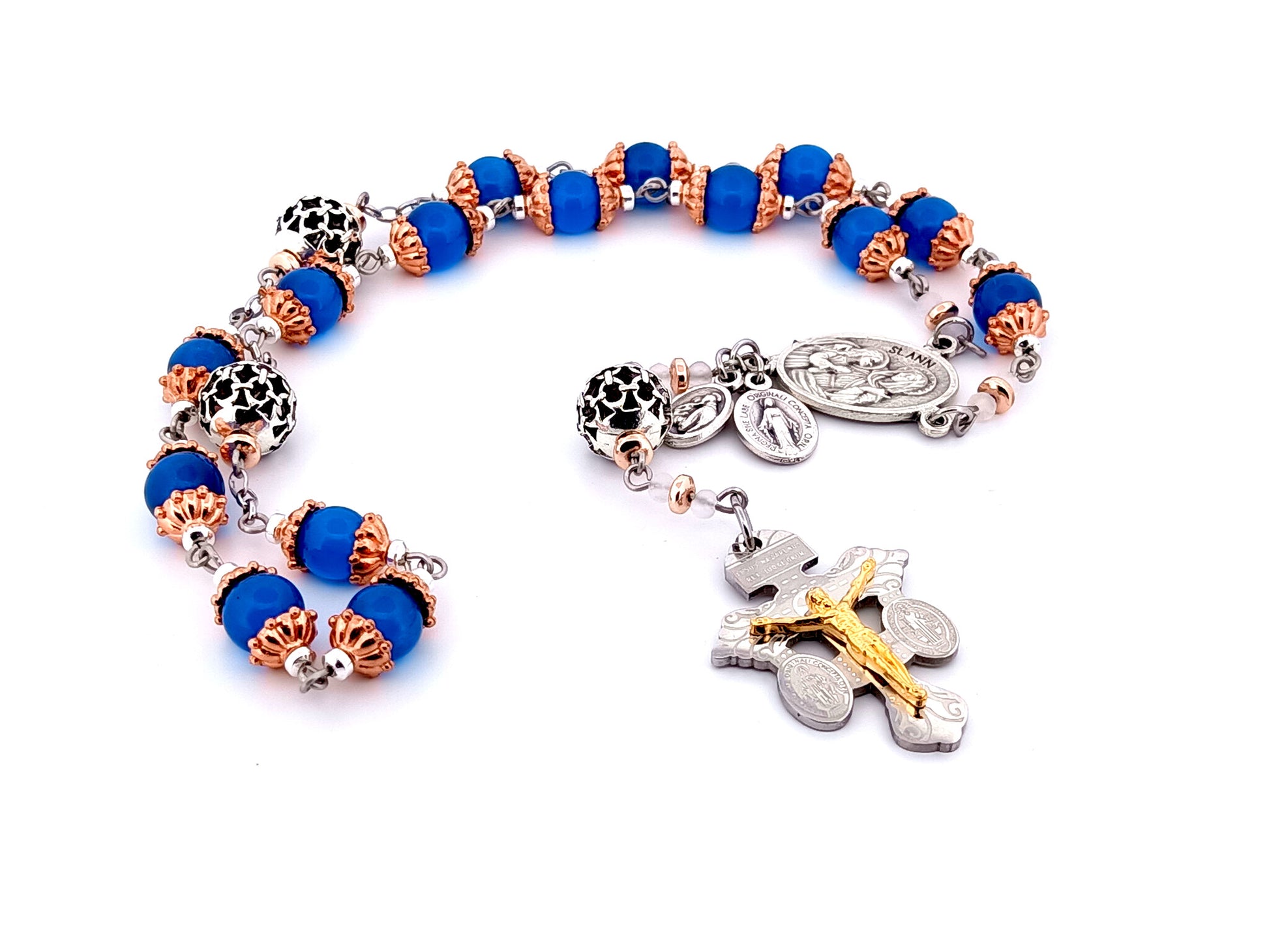Saint Ann unique rosary beads glass prayer chaplet with stainless steel double sided pardon crucifix and lattice prayer beads.