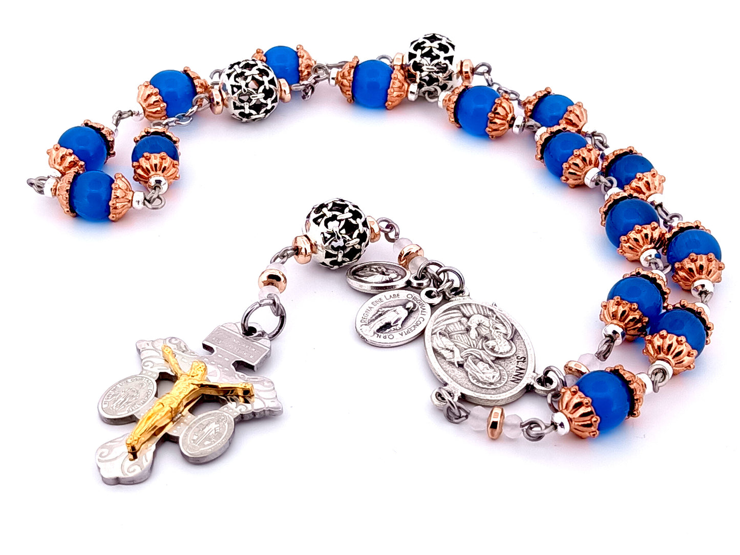 Saint Ann unique rosary beads glass prayer chaplet with stainless steel double sided pardon crucifix and lattice prayer beads.