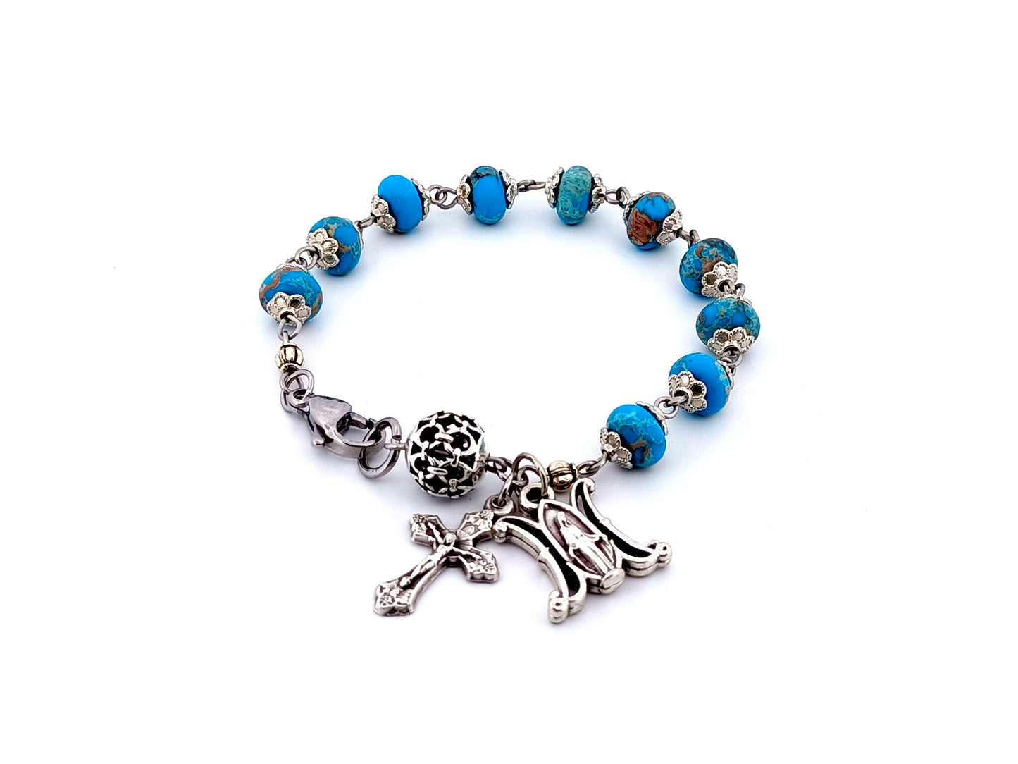 Miraculous medal unique rosary beads rondelle jasper gemstone single decade rosary bracelet with lattice Our father bead.