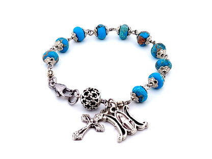 Miraculous medal unique rosary beads rondelle jasper gemstone single decade rosary bracelet with lattice Our father bead.