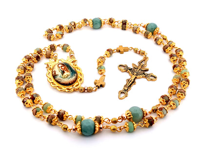 Virgin Mary gemstone rosary beads with marbled gemstone beads and Holy Spirit crucifix.
