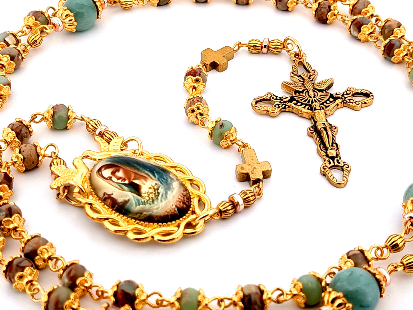 Virgin Mary unique rosary beads gemstone rosary beads with marbled gemstone beads and Holy Spirit crucifix.