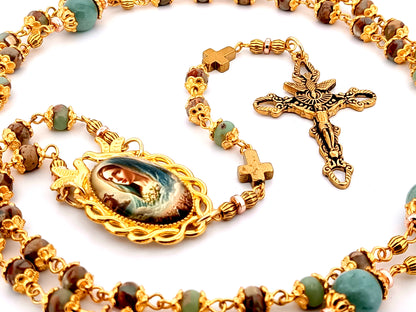 Virgin Mary unique rosary beads gemstone rosary beads with marbled gemstone beads and Holy Spirit crucifix.