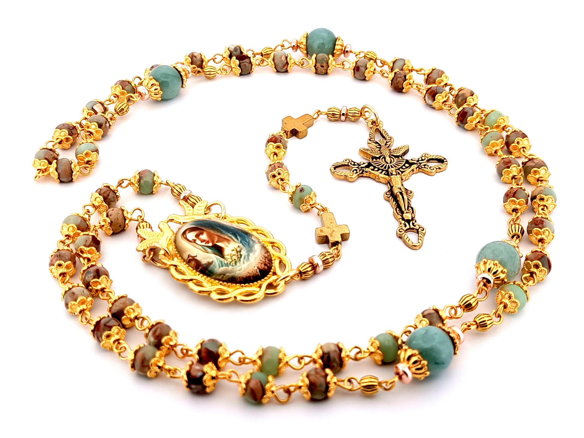 Virgin Mary unique rosary beads gemstone rosary beads with marbled gemstone beads and Holy Spirit crucifix.
