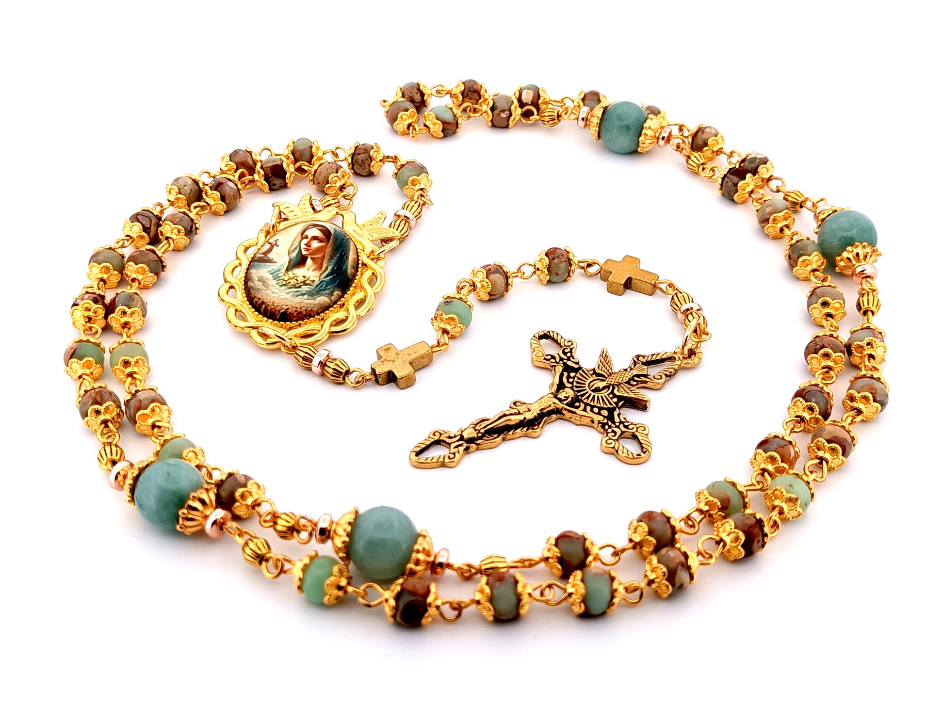 Virgin Mary unique rosary beads gemstone rosary beads with marbled gemstone beads and Holy Spirit crucifix.