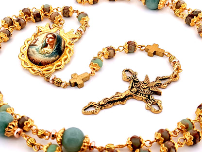 Virgin Mary unique rosary beads gemstone rosary beads with marbled gemstone beads and Holy Spirit crucifix.