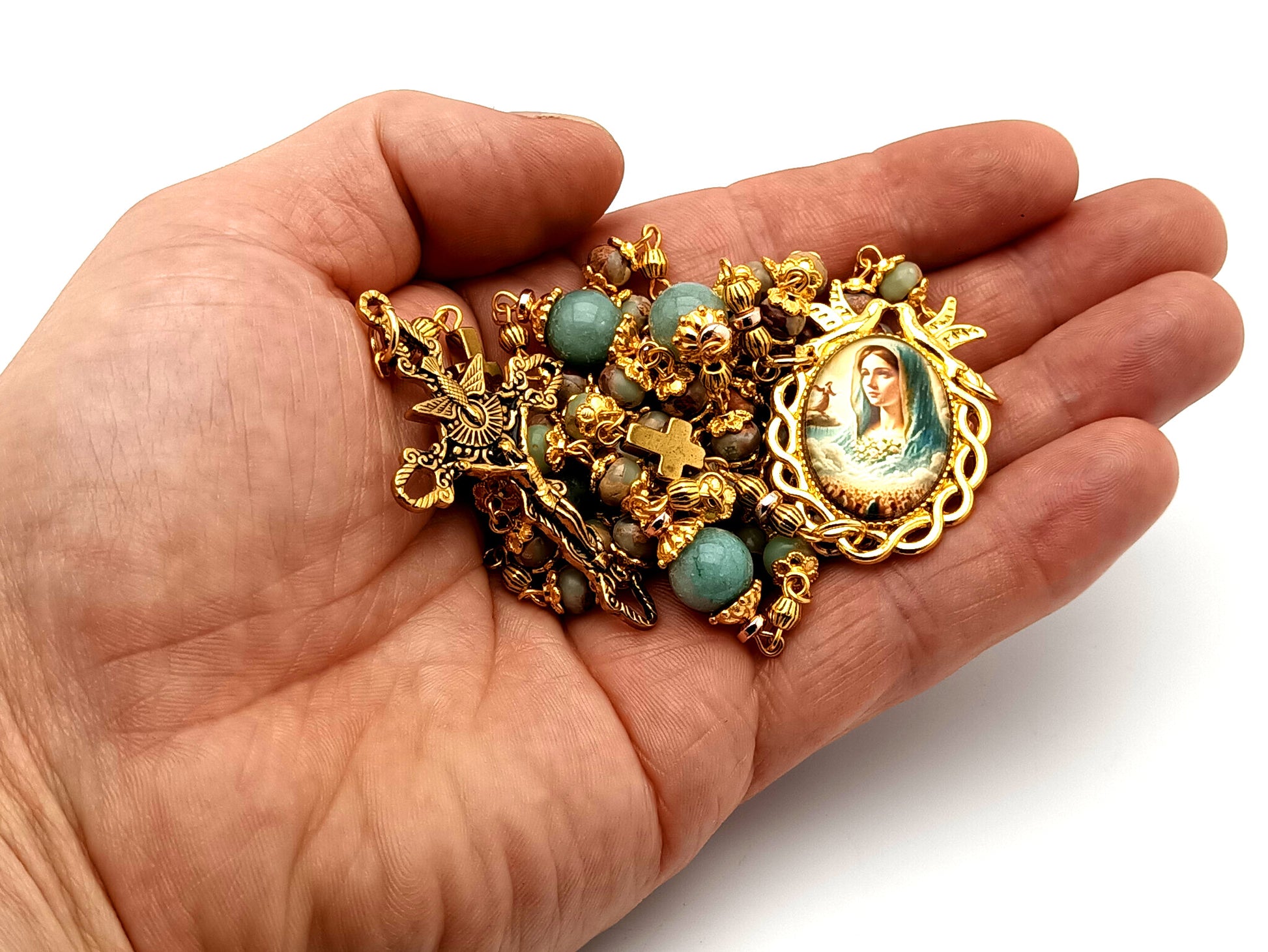 Virgin Mary unique rosary beads gemstone rosary beads with marbled gemstone beads and Holy Spirit crucifix.