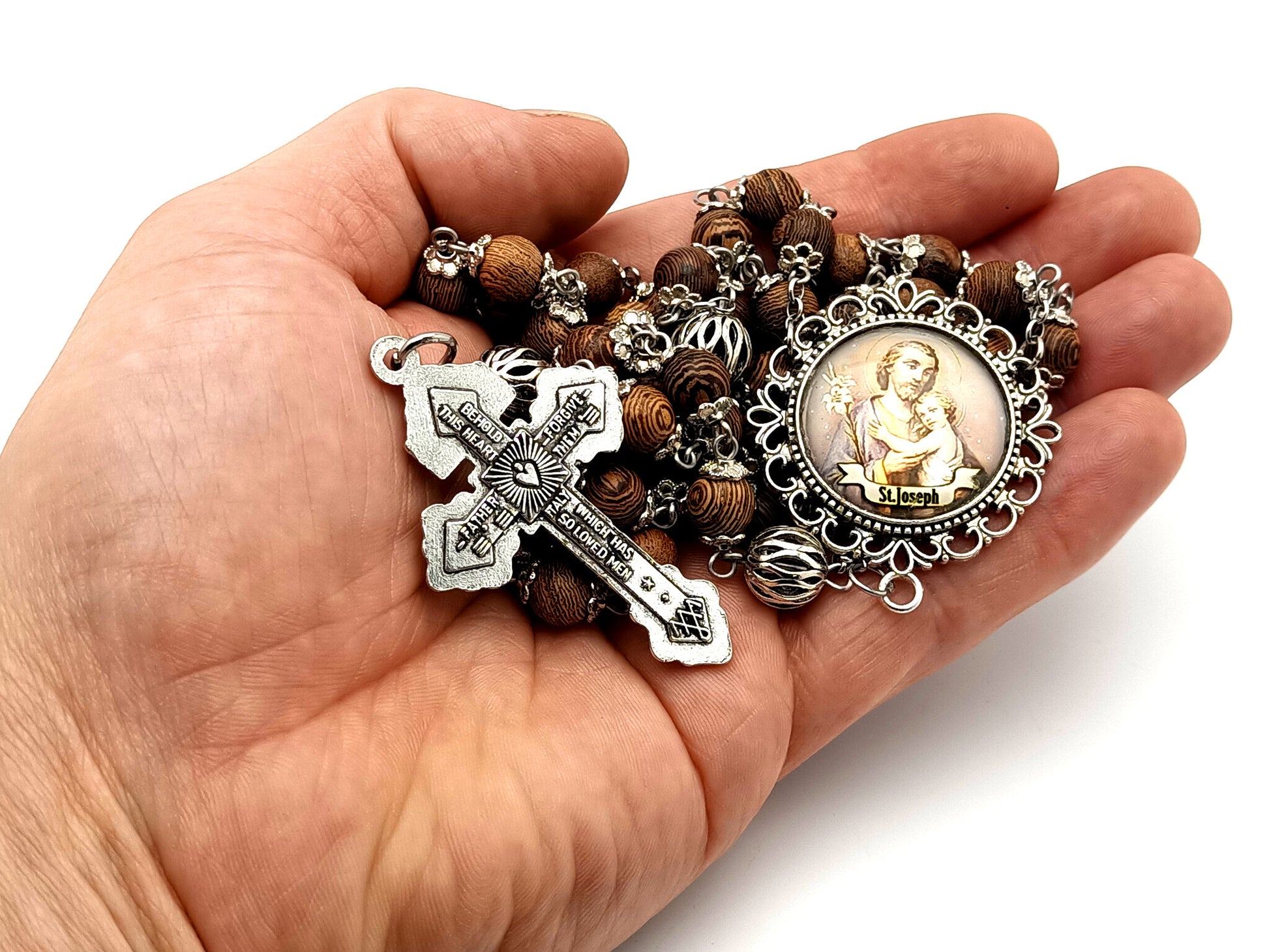Saint Joseph olive wood unique rosary beads rosary beads with lattice Our Father beads and pardon crucifix.