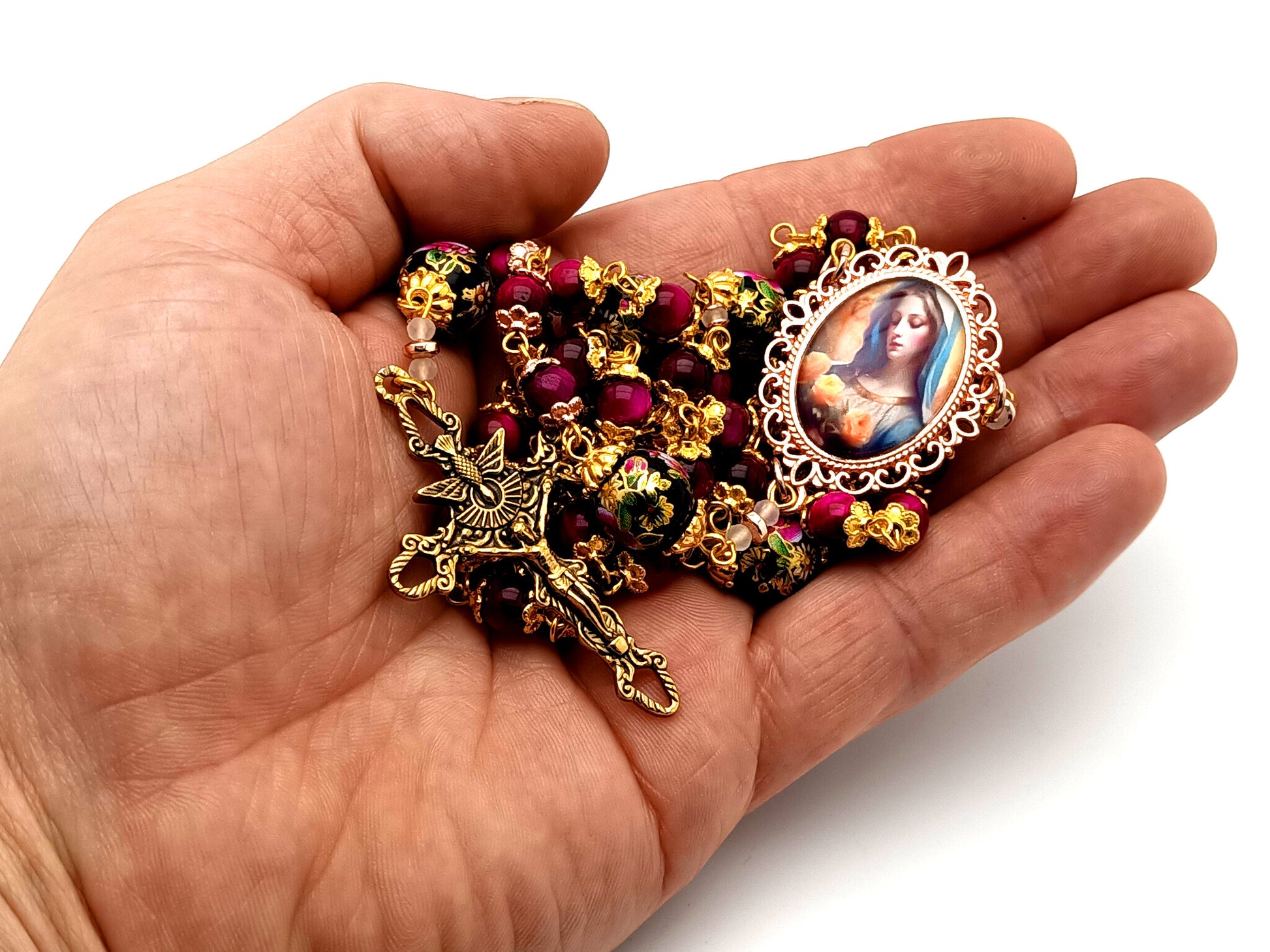 Virgin Mary tigers eye unique rosary beads gemstone rosary beads with floral glass beads and Holy Spirit crucifix.