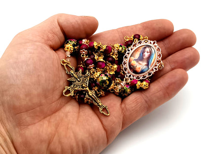 Virgin Mary tigers eye unique rosary beads gemstone rosary beads with floral glass beads and Holy Spirit crucifix.