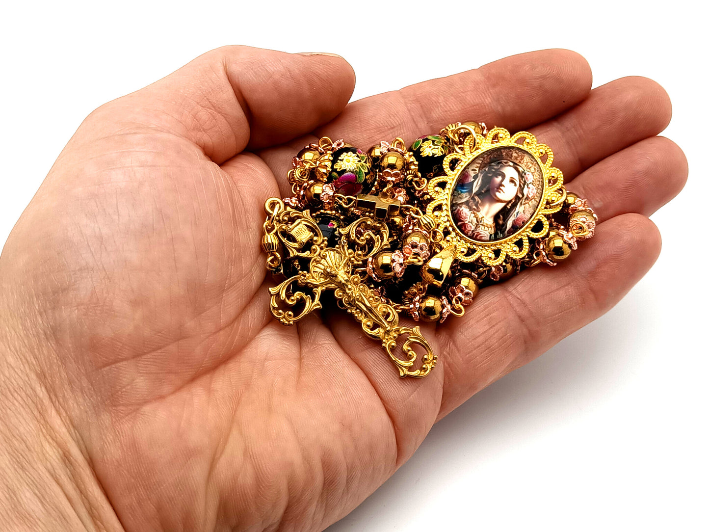 Virgin Mary hematite unique rosary beads gemstone rosary beads with floral beads and antique style filigree crucifix.