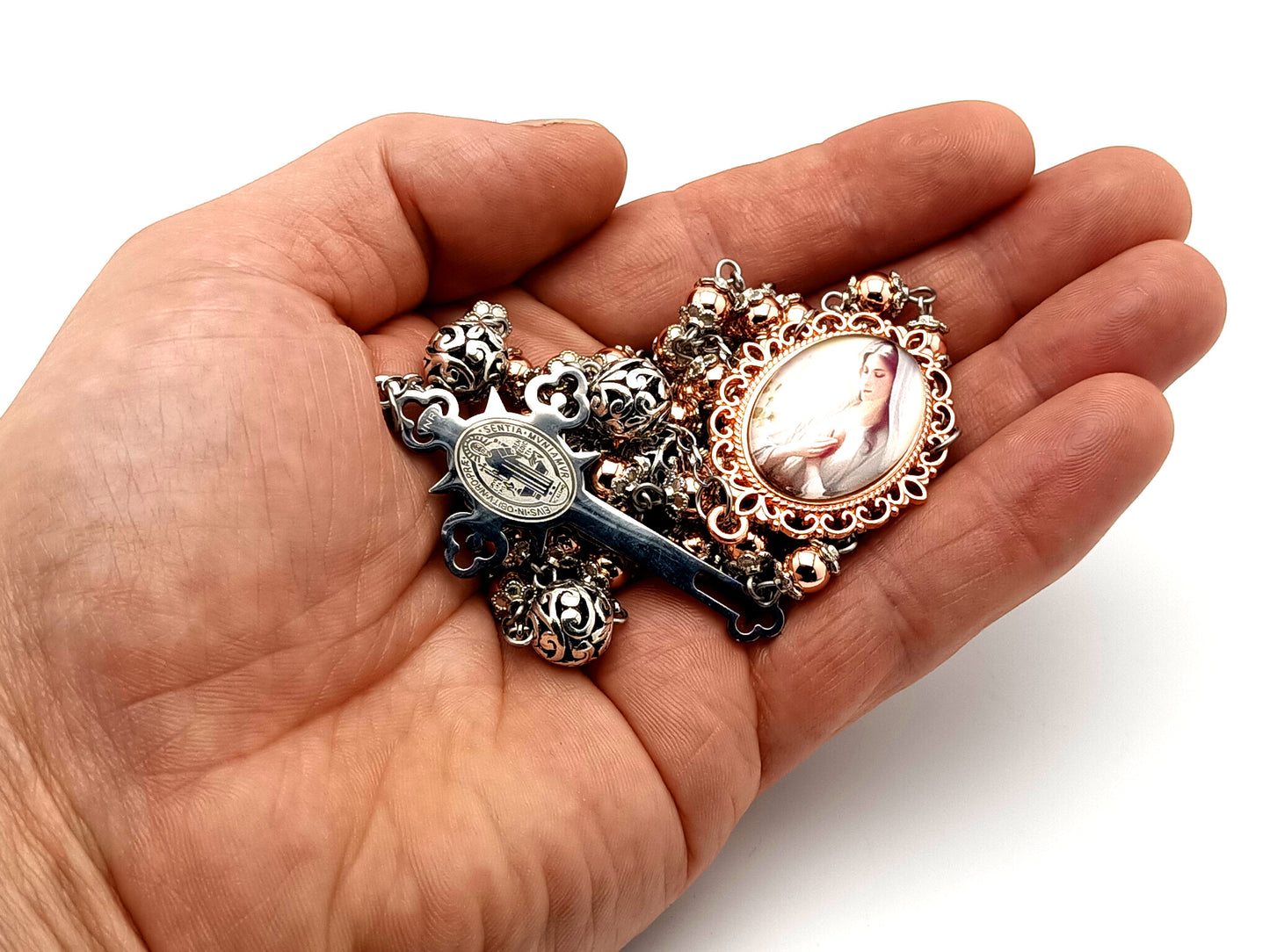 Virgin Mary unique rosary beads rose gold hematite gemstone rosary beads with filigree beads and Saint Benedict crucifix. 