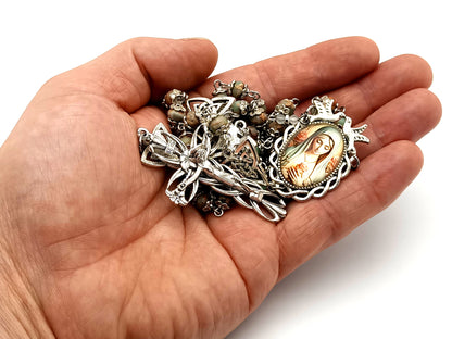 Virgin Mary with roses unique rosary beads gemstone rosary beads with Holy Trinity Our Father medals and Lily Crucifix.