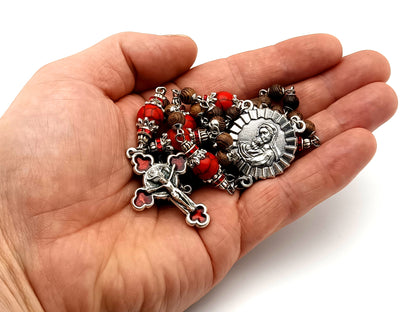 Virgin Mary and Child Jesus unique rosary beads olive wood and gemstone rosary beads with rose enamel crucifix.