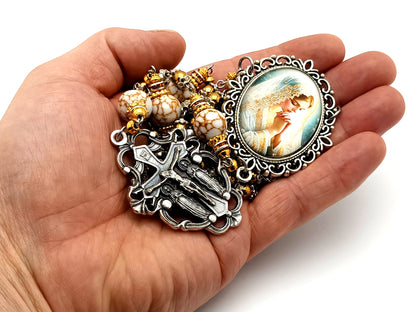 Bride of Christ unique rosary beads hematite gemstone rosary beads with marbled gemstone beads and Angels crucifix.