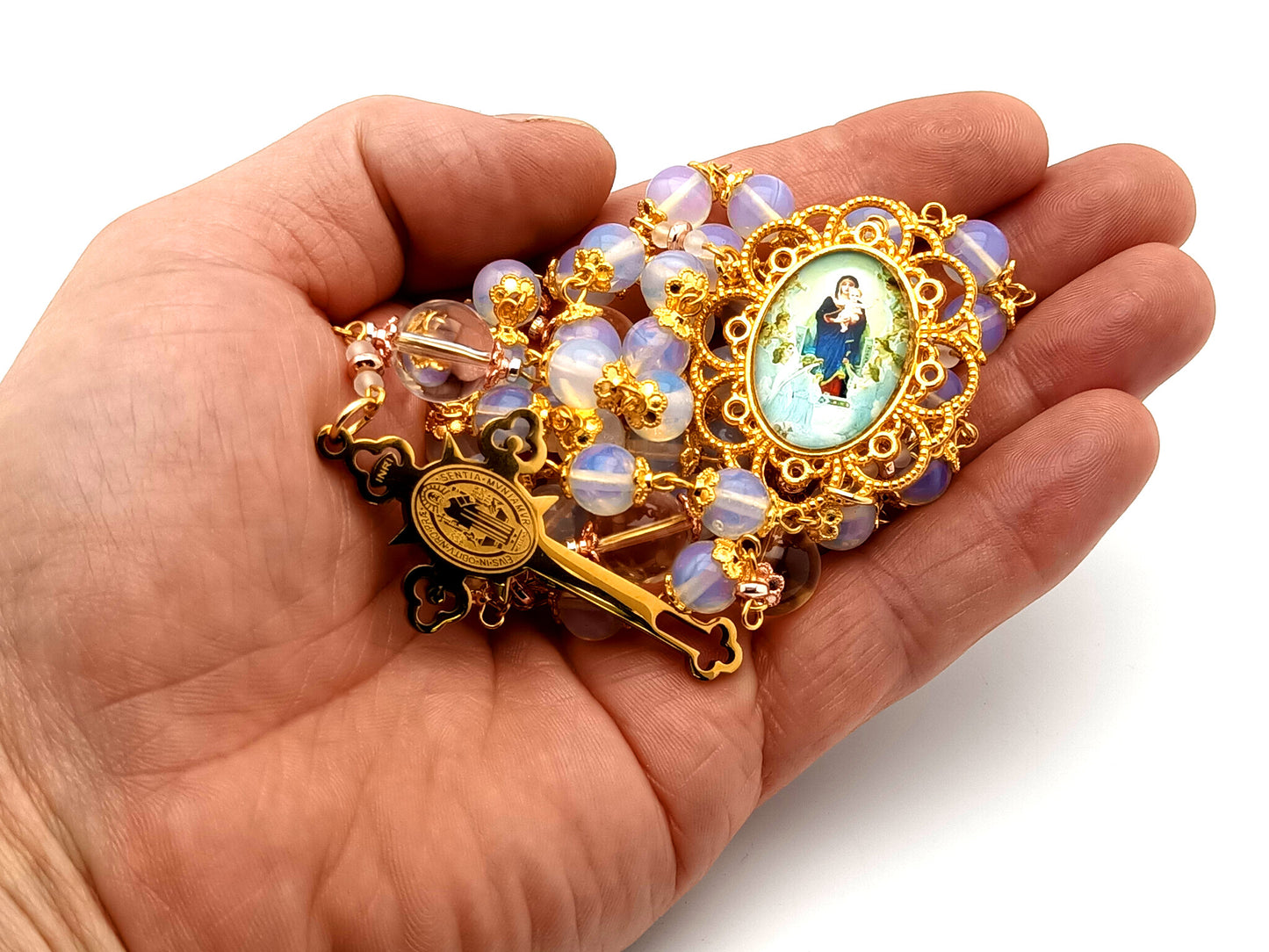 Virgin Mary and The Angels unique rosary beads opal gemstone rosary beads with gold plated Saint Benedict crucifix. 
