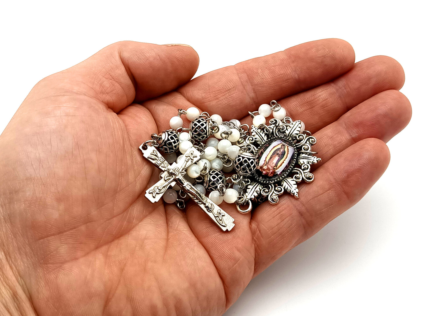 Our Lady of Guadalupe unique rosary beads mother of pearl rosary beads with lattice Our Father beads and Lily crucifix.