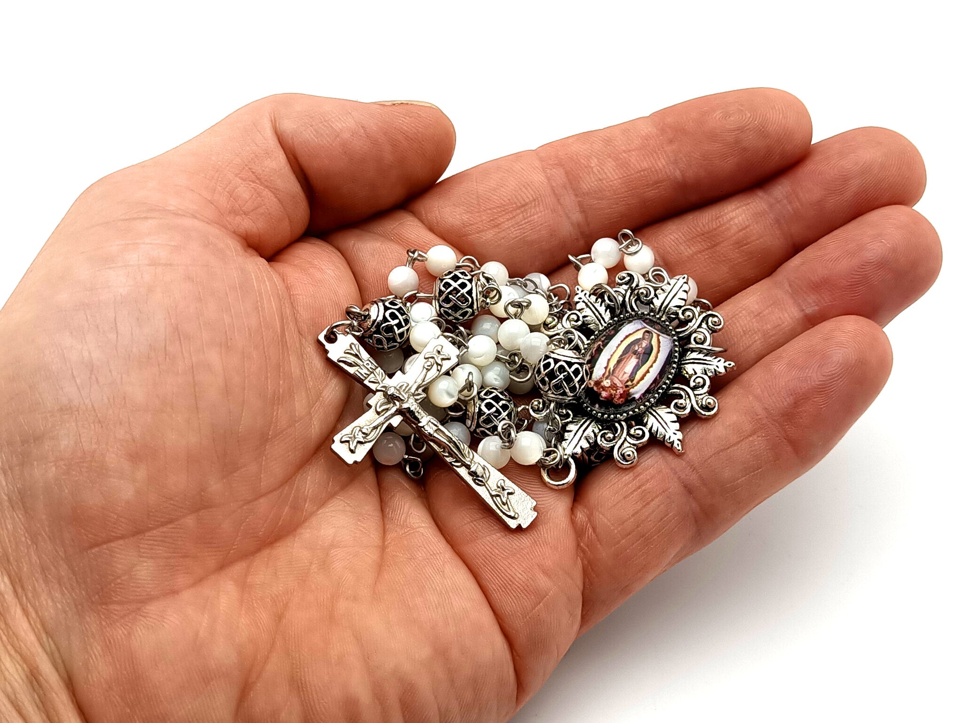 Our Lady of Guadalupe unique rosary beads mother of pearl rosary beads with lattice Our Father beads and Lily crucifix.