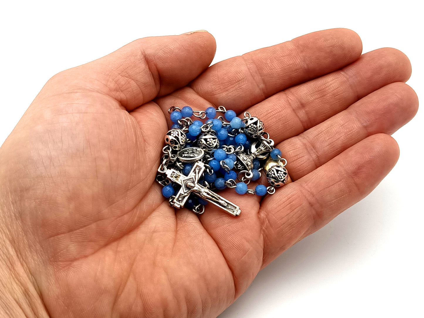 First Holy communion unique rosary beads gemstone wearable miniature rosary bead necklace with Holy Spirit and Brown Scapular medal.