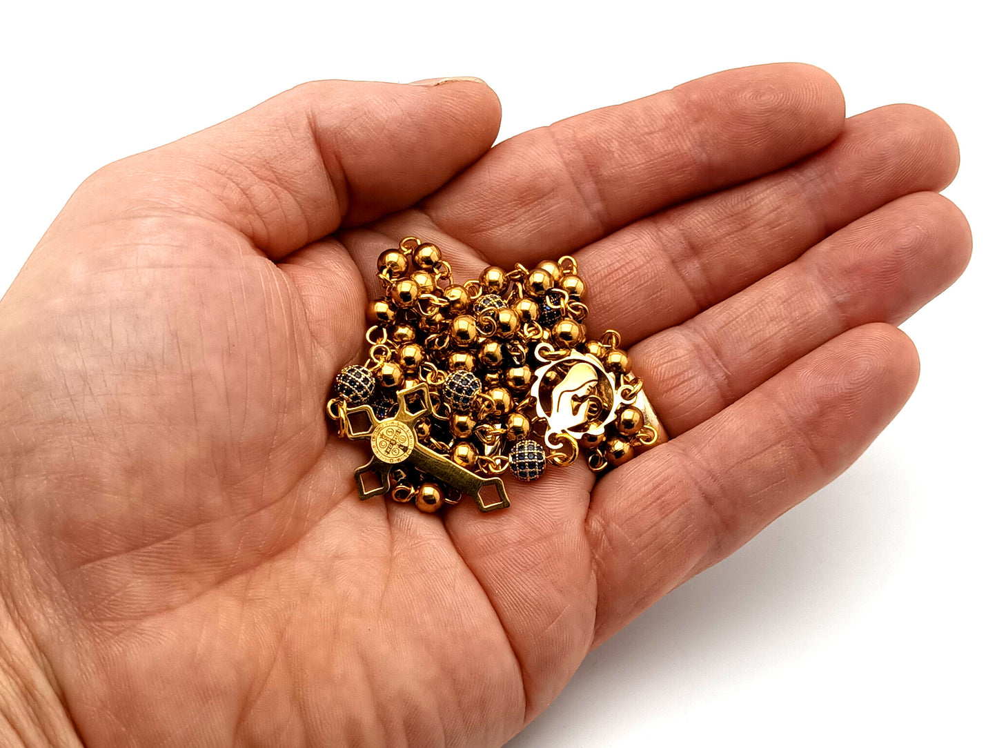 Virgin Mary gold plated unique rosary beads stainless steel and crystal miniature wearable rosary bead necklace with Saint Benedict Crucifix.