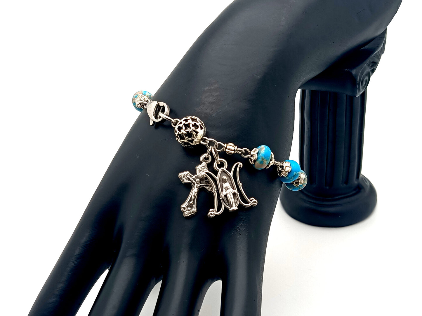 Miraculous medal unique rosary beads rondelle jasper gemstone single decade rosary bracelet with lattice Our father bead.