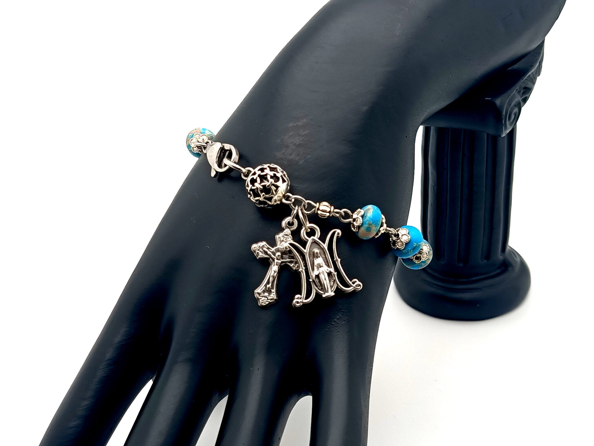 Miraculous medal unique rosary beads rondelle jasper gemstone single decade rosary bracelet with lattice Our father bead.