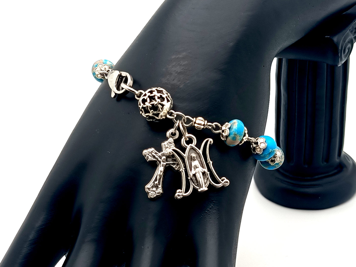 Miraculous medal unique rosary beads rondelle jasper gemstone single decade rosary bracelet with lattice Our father bead.