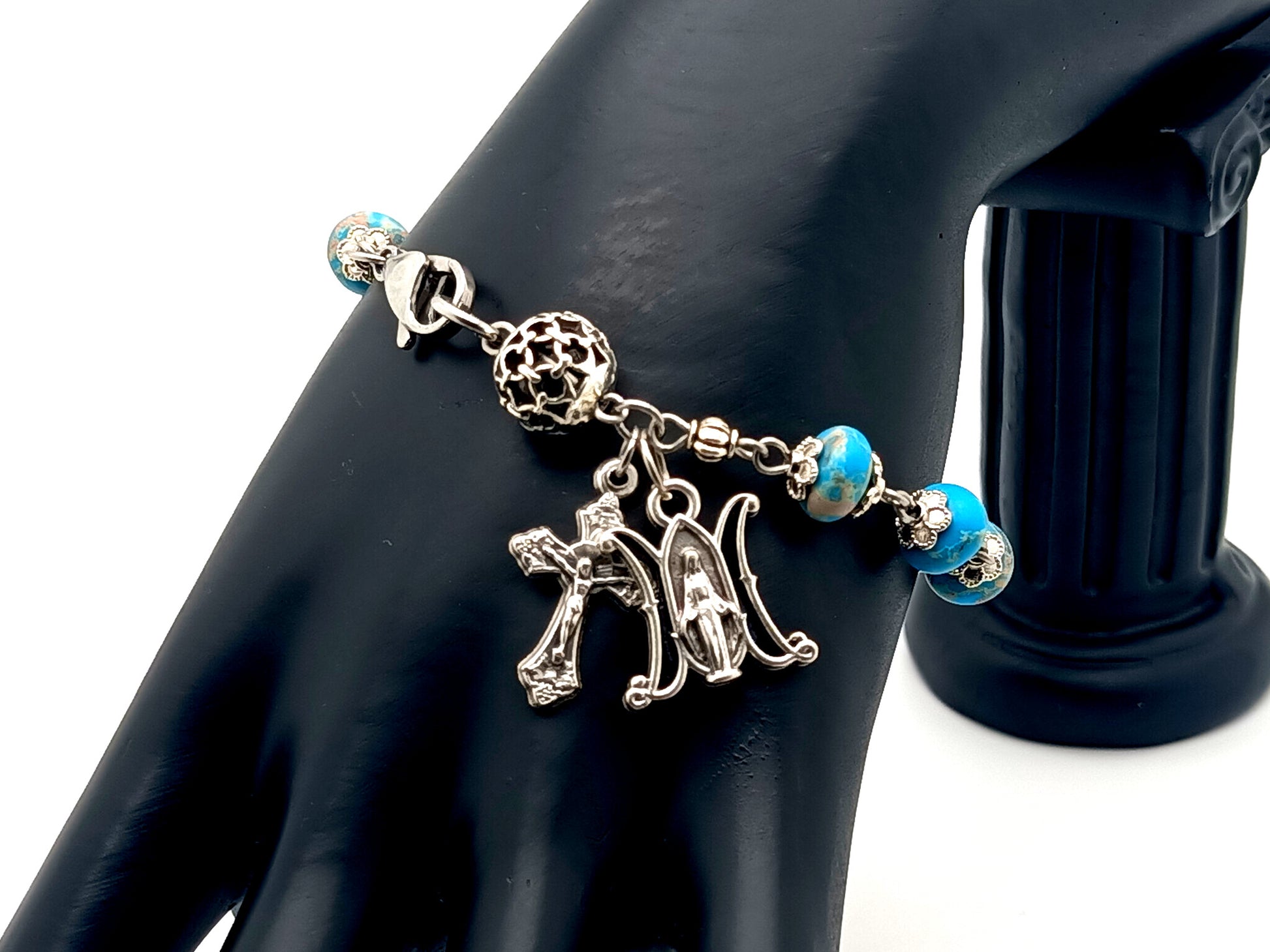 Miraculous medal unique rosary beads rondelle jasper gemstone single decade rosary bracelet with lattice Our father bead.