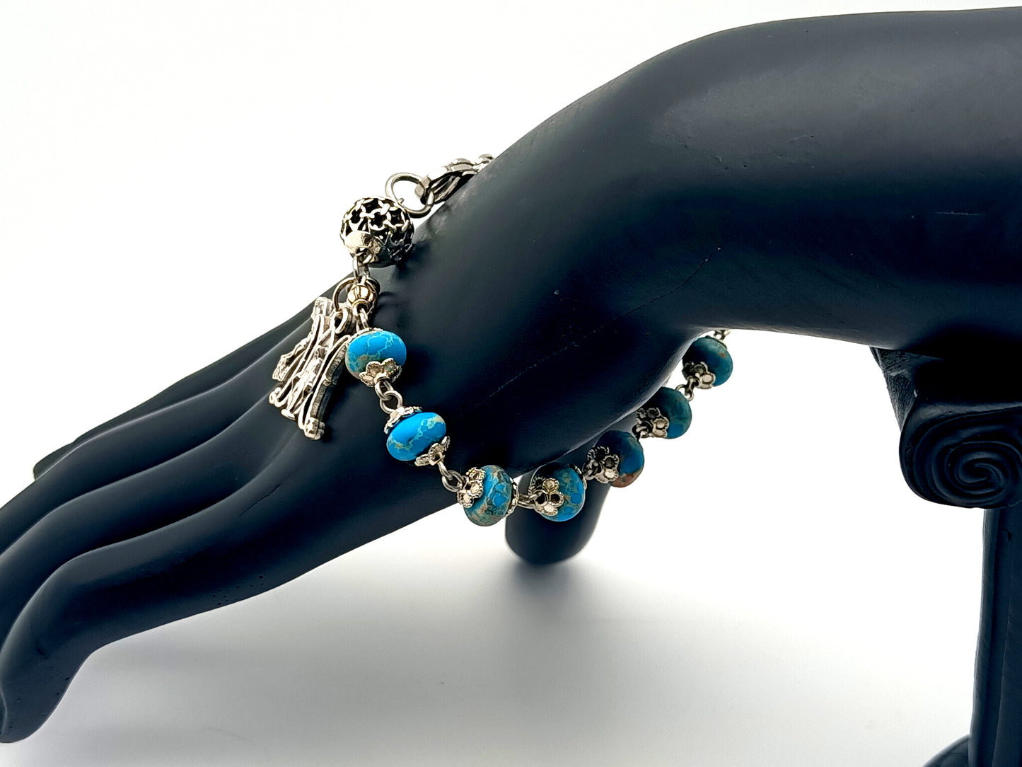 Miraculous medal unique rosary beads rondelle jasper gemstone single decade rosary bracelet with lattice Our father bead.