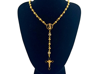 Virgin Mary gold plated unique rosary beads stainless steel and crystal miniature wearable rosary bead necklace with Saint Benedict Crucifix.