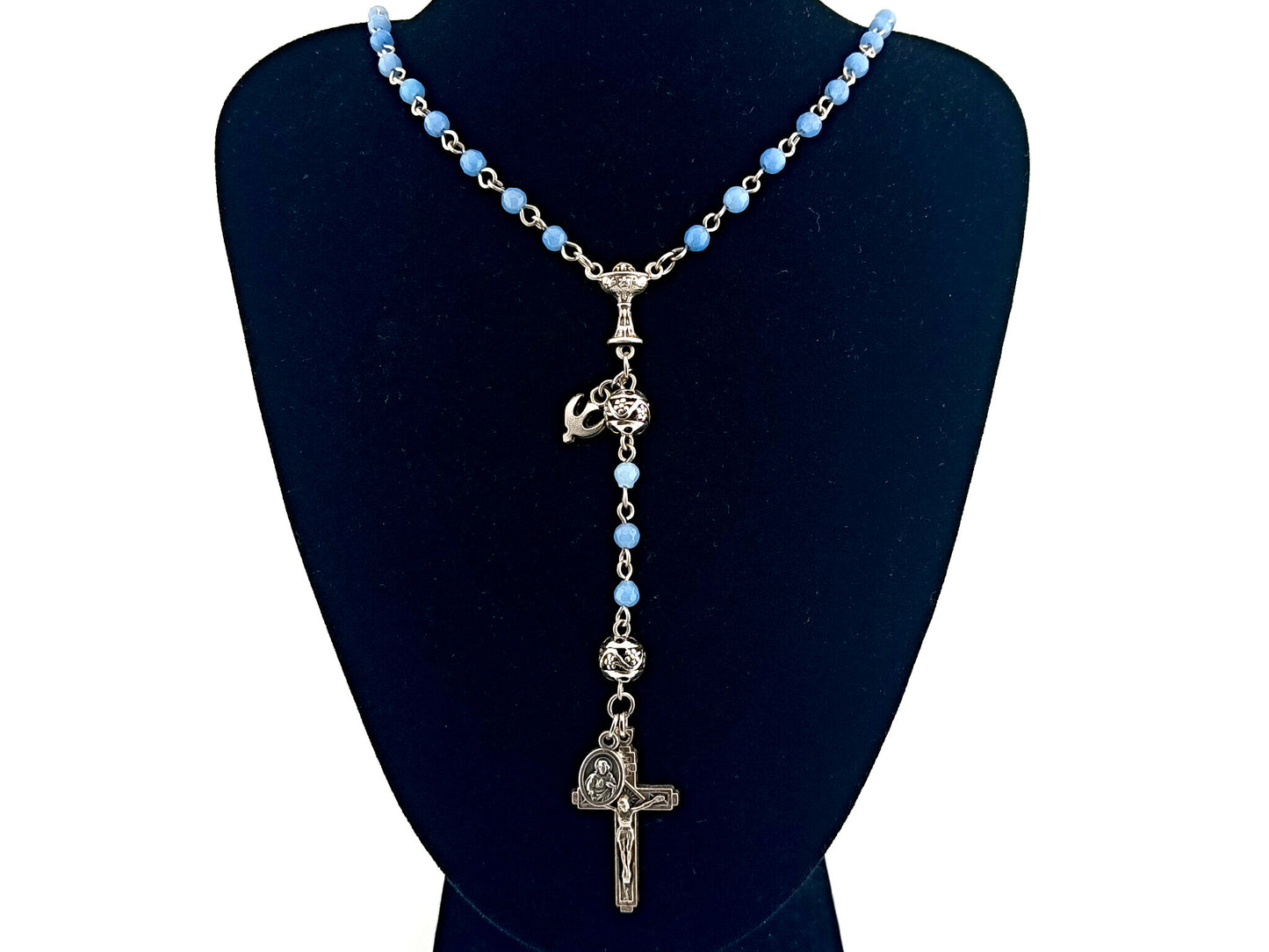First Holy communion unique rosary beads gemstone wearable miniature rosary bead necklace with Holy Spirit and Brown Scapular medal.