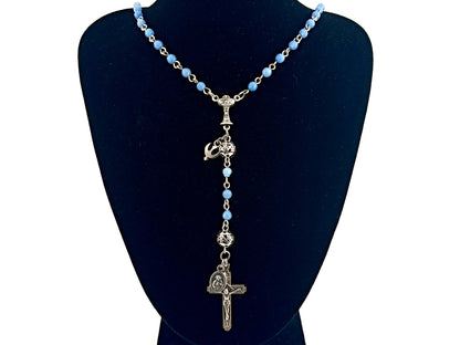 First Holy communion unique rosary beads gemstone wearable miniature rosary bead necklace with Holy Spirit and Brown Scapular medal.