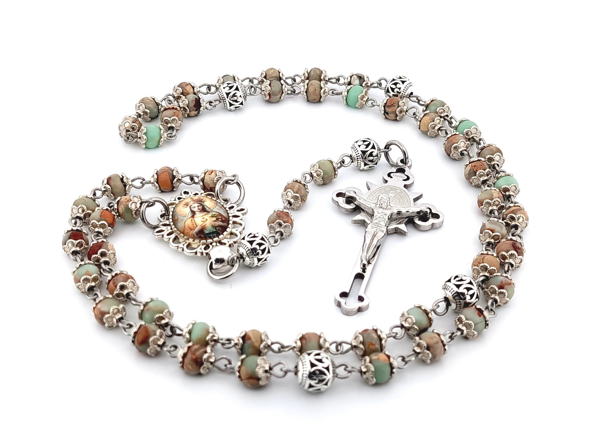 Our Lady Queen of Heaven unique rosary beads jasper gemstone wearable rosary with stainless steel Saint Benedict crucifix.