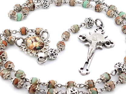 Our Lady Queen of Heaven unique rosary beads jasper gemstone wearable rosary with stainless steel Saint Benedict crucifix.