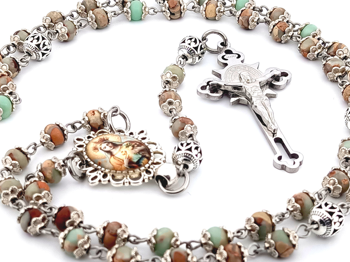Our Lady Queen of Heaven unique rosary beads jasper gemstone wearable rosary with stainless steel Saint Benedict crucifix.
