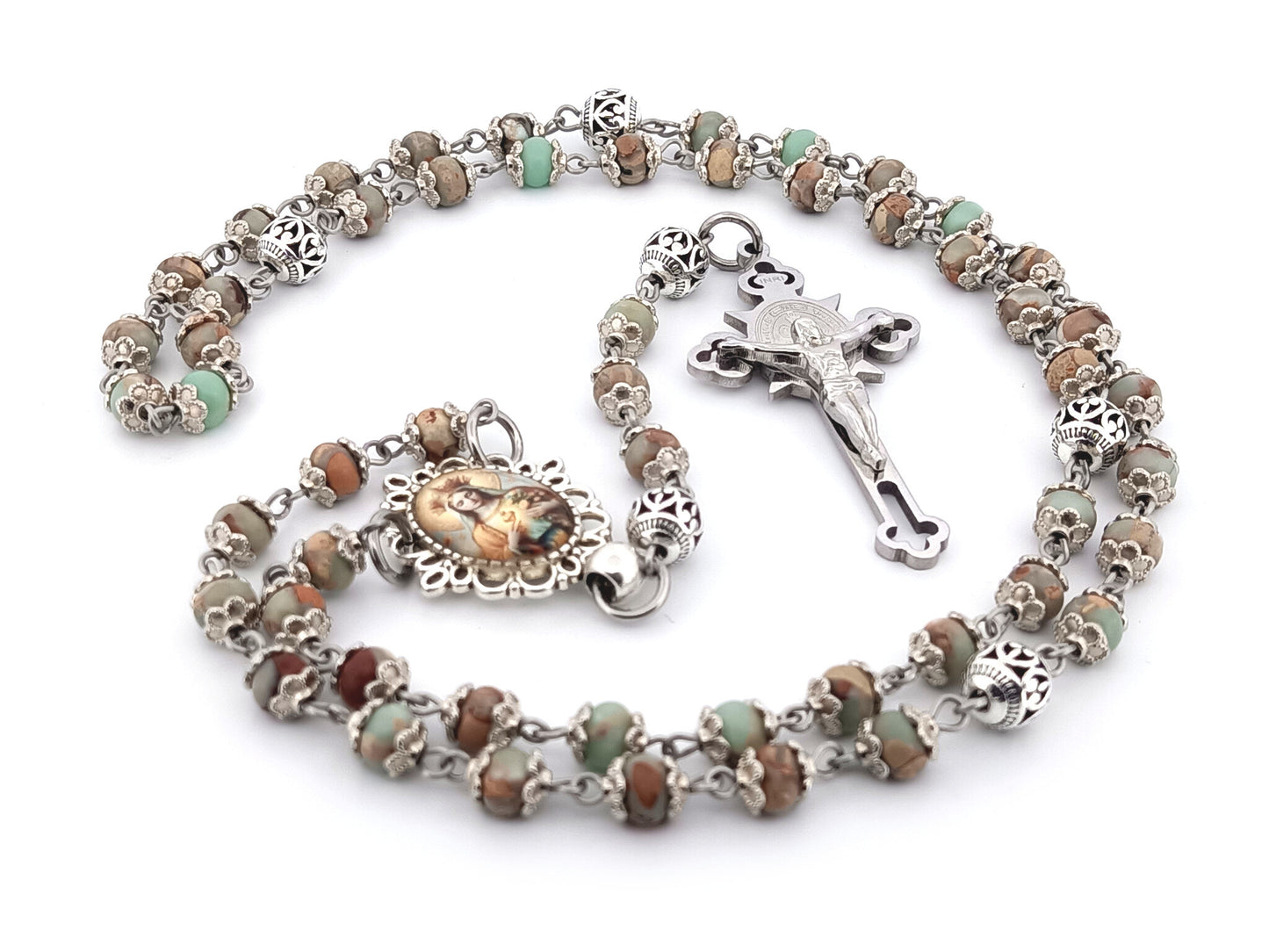 Our Lady Queen of Heaven unique rosary beads jasper gemstone wearable rosary with stainless steel Saint Benedict crucifix.