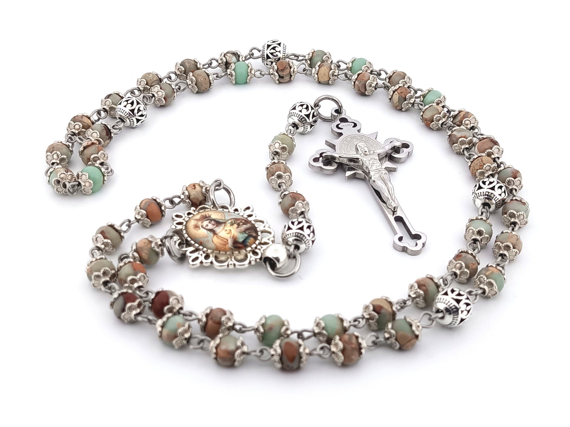 Our Lady Queen of Heaven unique rosary beads jasper gemstone wearable rosary with stainless steel Saint Benedict crucifix.