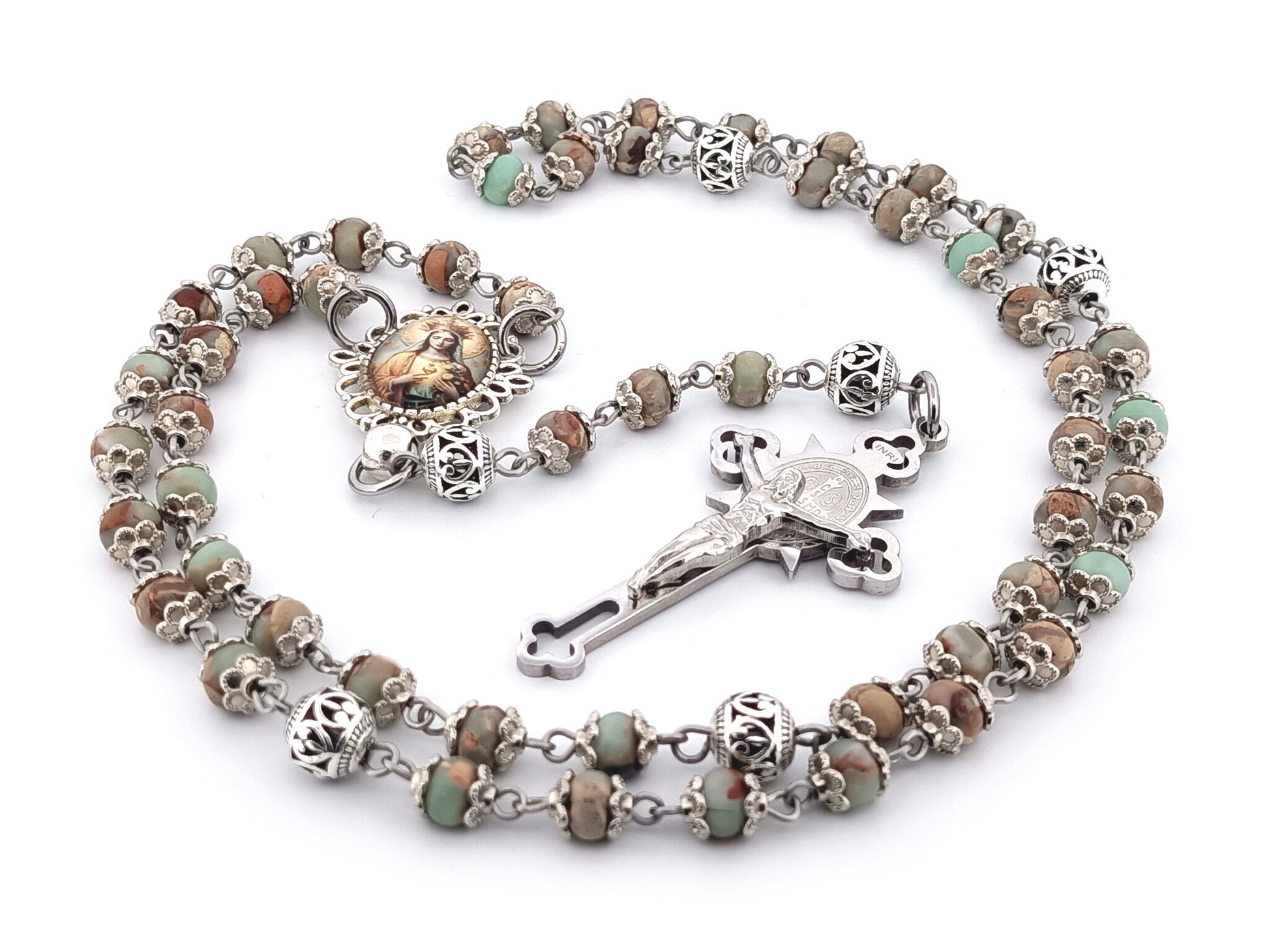 Our Lady Queen of Heaven unique rosary beads jasper gemstone wearable rosary with stainless steel Saint Benedict crucifix.