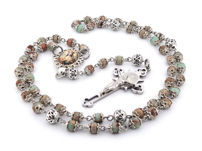 Our Lady Queen of Heaven unique rosary beads jasper gemstone wearable rosary with stainless steel Saint Benedict crucifix.