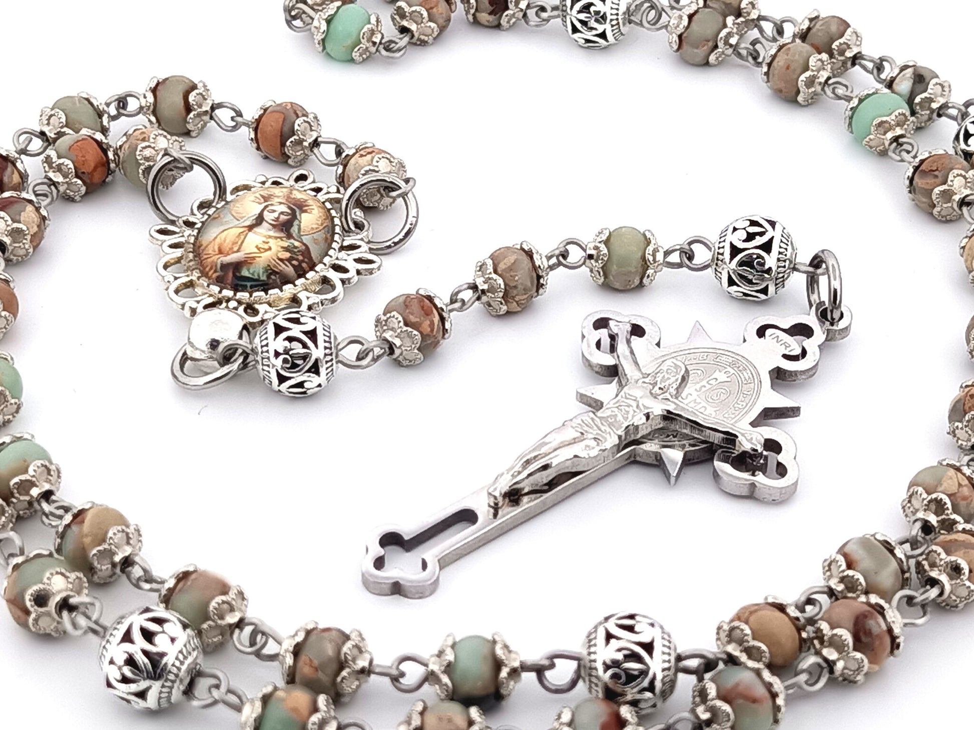 Our Lady Queen of Heaven unique rosary beads jasper gemstone wearable rosary with stainless steel Saint Benedict crucifix.